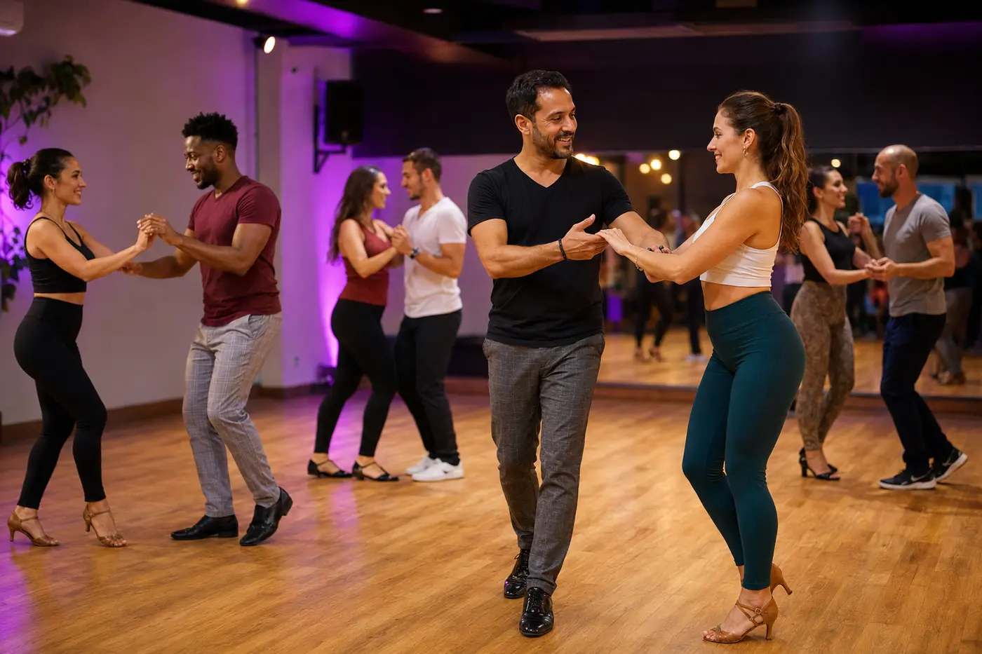 Dansers volgen samen een salsales in een warme dansstudio
